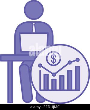Colored Work Icon. Vector Illustration. Man Working on Laptop and Income Chart. Office Concept Stock Vector