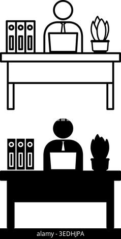 Workspace Icons. Black and White Vector Illustration. Office Employee Working at Desk. Flower in Pot and Work Folders. Concept Work and Business Stock Vector