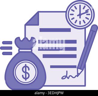 Colored Loan Icon. Vector Illustration. Signed Bank Agreement, Watch, and Money Bag. Receiving Money in Debt, Credit. Personal Finance Concept Stock Vector