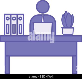 Colored Workspace Icon. Vector Illustration. Office Employee Working at Desk. Flower in Pot and Work Folders. Concept Work and Business Stock Vector