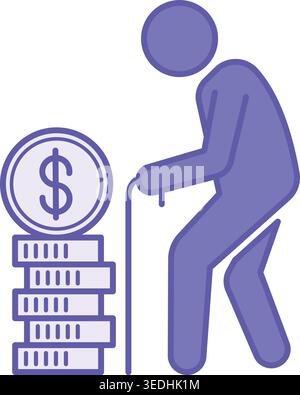 Colored Retirement Icon. Pensioner and a Stack of Dollar Coins. Personal Finance Concept Stock Vector