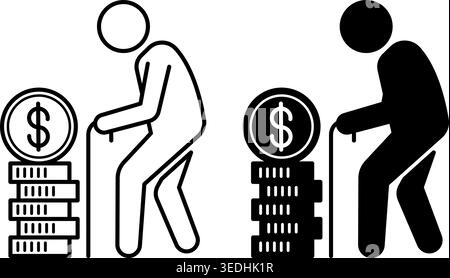 Retirement Icons. Black and White Vector Illustrations. Pensioner and a Stack of Dollar Coins. Personal Finance Concept Stock Vector