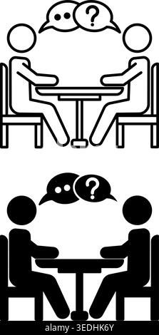 Consultation Icons. Black and White Vector Illustrations. Specialist Gives Advice. Two People Sitting at the Table and Talking. Concept Speaking Stock Vector