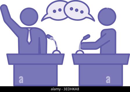Colored Debate Icon. Vector Illustration. Public Exchange Of Opinions Of Two Sides. People On The Podium With Microphones Argue With Each Other. Speak Stock Vector