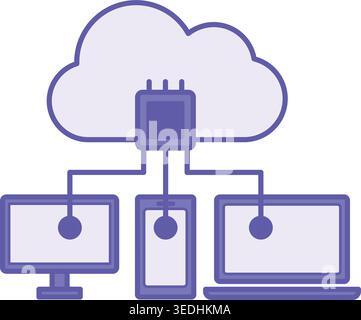 Colored Cloud Computing Icon. Vector Illustration. Computer, Laptop, Phone Interacting with Cloud Database. Providing Computing Resources Over Interne Stock Vector