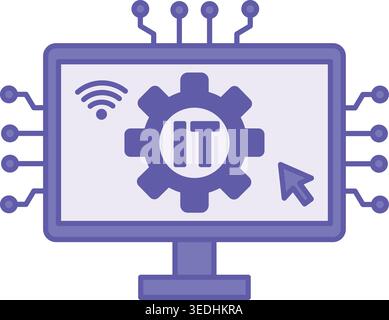 Colored Information Technology Icon. Vector Illustration. Computer, Gear, Wi-Fi, and Computer Mouse Cursor. Data Collection, Processing, and Transfer Stock Vector