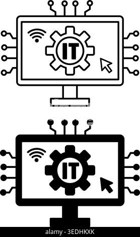 Information Technology Icons. Black and White Vector Illustrations. Computer, Gear, Wi-Fi, and Computer Mouse Cursor. Data Collection, Processing, and Stock Vector