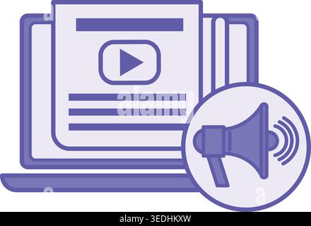 Colored Content Marketing Icon. Vector Illustration. Laptop, Content with Video and Megaphone. Brand Promotion Tool. Digital Marketing Concept Stock Vector