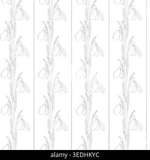 Snowdrops, spring flowers, hand-drawn sketch. vector illustration. Stripes of primroses, seamless pattern, pattern isolated on a white background Stock Vector