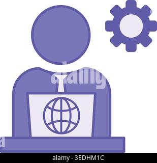 Colored IT Manager Icon. Vector Illustration. Man Sitting at Laptop and Gear. Specialist Managing Information Resources in Company. Information Techno Stock Vector