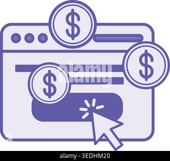 Colored Pay Per Click Icon. Vector Illustration. Application, Dollar Coins, And Mouse Cursor. Online Advertising Pay Button. Digital Marketing Concept Stock Vector