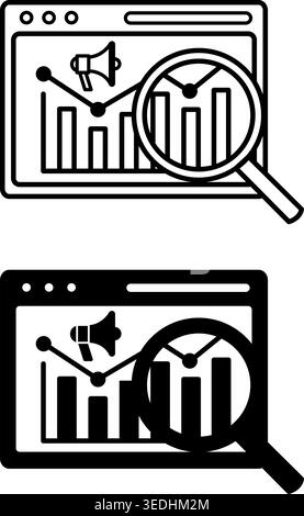 Analytics Icons. Black and White Vector Illustration. Application, Chart, Megaphone, and Magnifying Glass. Study and Collect Data on Product Promotion Stock Vector