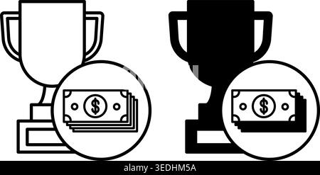 Prize Money Icons. Black and White Vector Illustration. Winner Cup and Stack of Money. Dollar Bills. Amount of Money for Rewarding Competition Partici Stock Vector