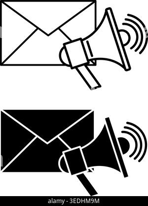 Email Marketing Icons. Black and White Vector Illustrations. Mailing Envelope and Megaphone. Email Marketing. Digital Marketing Concept Stock Vector