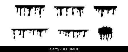 Black smooth ink shiny blob form set, slime. Splash with glossy drops, round abstract shapes silhouette liquid. Soft fluid organic puddle border, frame. Current drops. Ink Paint fall down liquid. Vector illustration Stock Vector