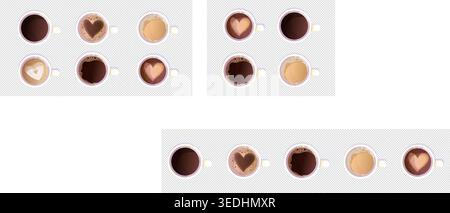 Coffee cup top view, mug. Coffee espresso latte macchiato hot drink top view, delicious iced americano with heart of foam, menu design. Vector illustration Stock Vector