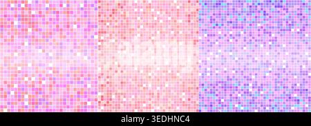 Disco sequin sparkle mosaic backgrounds set. Retro glam disco ball shine and glitter texture bg. Shining halftone wallpaper, pop up sparkling glitter backdrop. Vector illustration Stock Vector