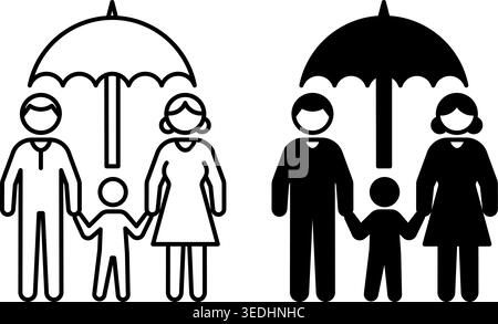 Family Insurance Icons. Black and White Vector Illustrations. Father, Mother, and Child Under a Large Umbrella. Family Financial Protection. Concept P Stock Vector