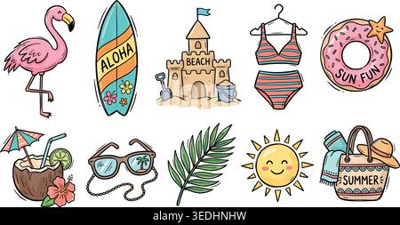 Summer Beach Doodle Set .Hand Drawn Vacation Poster Element. Vector illustration Stock Vector