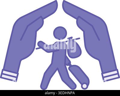 Colored Refugee Rights Icon. Vector Illustration. Human Hands Covering a Refugee with a Suitcase. Protection and Support for Migrants. World Refugee C Stock Vector