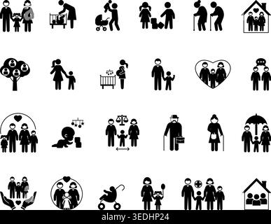 Black Family Icon Set. Vector Illustrations Parents, Mother, Father, Children, Grandmother, Grandfather, Adoption, Pregnancy, Twins, Baby in Stroller, Stock Vector