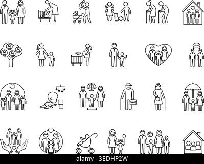 Family Icon Set. Vector Illustrations Parents, Mother, Father, Children, Grandmother, Grandfather, Adoption, Pregnancy, Twins, Baby in Stroller, Famil Stock Vector