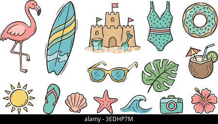 Summer Beach Doodle Set .Hand Drawn Vacation Poster Element. Vector illustration Stock Vector