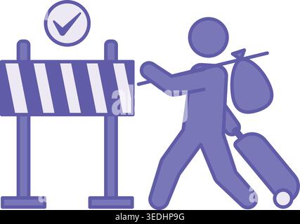 Colored Safe Passage Icon. Vector Illustration. Refugee with Suitcase Walking Through Permitted Barrier. World Refugee Concept Stock Vector