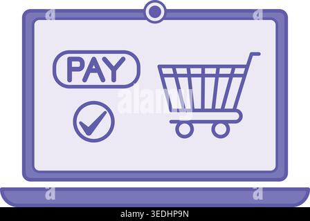 Colored Checkout Icon. Vector Illustration. Laptop, Shopping Cart, and Payment Button. Purchasing an Item in an Online Store. Payment Concept Stock Vector