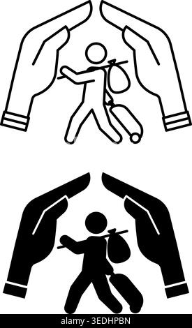 Refugee Rights Icons. Black and White Vector Illustrations. Human Hands Covering a Refugee with a Suitcase. Protection and Support for Migrants. World Stock Vector