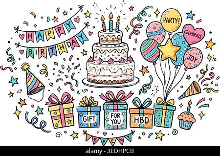 Birthday Doodle Set on Chalkboard , Hand Drawn Party Icons Background . Vector illustration Stock Vector