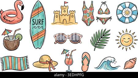 Summer Beach Doodle Set .Hand Drawn Vacation Poster Element. Vector illustration Stock Vector