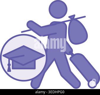 Colored Education Access Icon. Vector Illustration. Refugee with a Suitcase and Graduation Cap. School and University Education, Continuing Education. Stock Vector