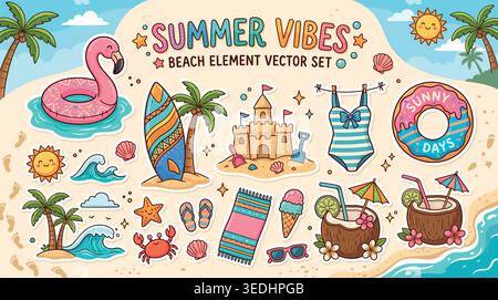 Summer Beach Doodle Set .Hand Drawn Vacation Poster Element. Vector illustration Stock Vector