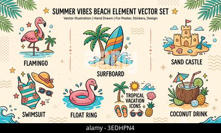 Summer Beach Doodle Set .Hand Drawn Vacation Poster Element. Vector illustration Stock Vector