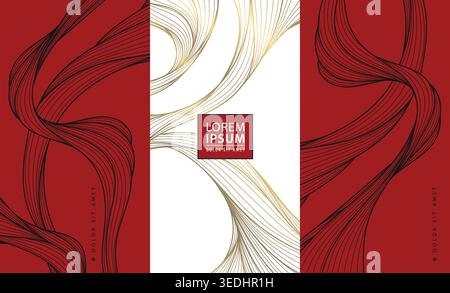 Luxury abstract wave pattern with elegant black, gold lines on red background, Japanese, Chinese design. Premium vector illustration, wine labels Stock Vector