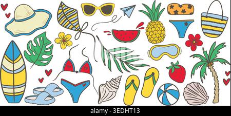 Set hand drawn illustrations themed around summer beach vacations Stock Vector