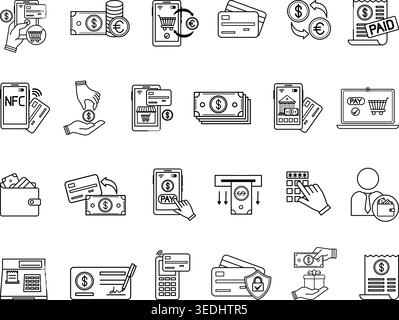 Line Payment Icon Set. Vector Illustrations: Money, Wallet, Transaction, Purchase, Credit Card, Mobile Banking, E-Commerce, PIN, and More Stock Vector