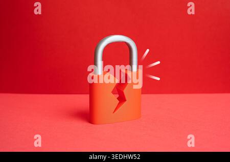 A red cracked padlock. Cyber risk exposes vulnerabilities. Data protection and system defense are critical for business continuity. Security system is compromised Stock Photo