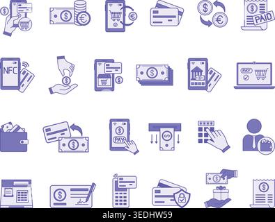 Colored Payment Icon Set. Vector Illustrations: Money, Wallet, Transaction, Purchase, Credit Card, Mobile Banking, E-Commerce, PIN, NFC, Earnings, Con Stock Vector