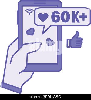 Colored Popular Icon. Vector Illustration. Human Hand Holding a Mobile Phone. Many Likes and Followers on Social Media, Thumbs Up. Heart Concept Stock Vector