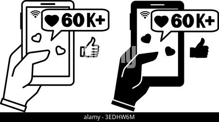 Popular Icons. Glyph and Line Vector Illustrations. Human Hand Holding a Mobile Phone. Many Likes and Followers on Social Media, Thumbs Up. Heart Conc Stock Vector