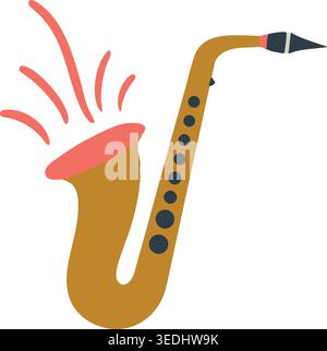 Simple illustration of a golden saxophone with red sound lines rising from the bell and a dark mouthpiece. Stock Vector