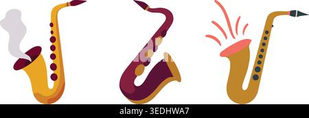 A stylish illustration set featuring three saxophones in different colors and poses Stock Vector