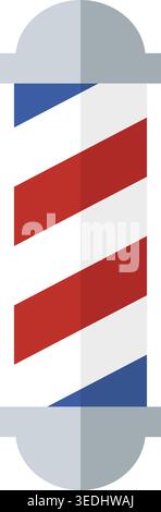 Simple illustration of a vertical striped barber pole with red blue and white diagonal bands and rounded caps. Stock Vector