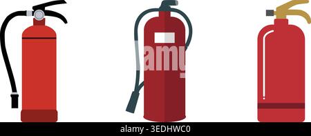 A flat illustration collection featuring three fire extinguishers in different styles and designs. The set represents fire safety equipment, emergency Stock Vector