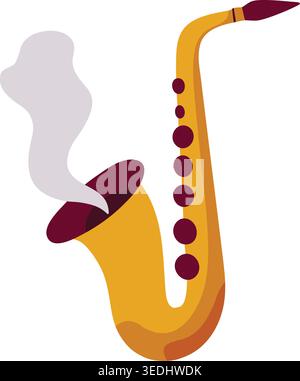 Simple illustration of a golden saxophone with dark accents and a soft cloud of rising vapor from the bell. Stock Vector