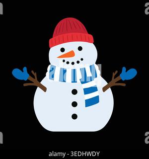 Simple illustration of a snowman wearing a red knit hat blue striped scarf and blue mittens on a dark background. Stock Vector