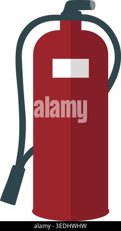 Simple illustration of a tall red fire extinguisher with a side hose black handle and small front label. Stock Vector