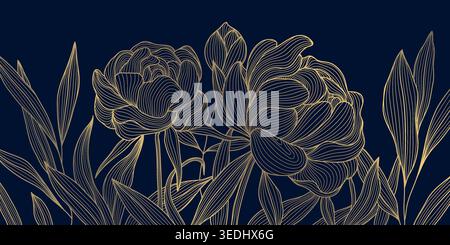 Luxury vector peony floral pattern with gold line flowers and elegant leaves on a dark background. Chinese illustration, vintage art deco style Stock Vector